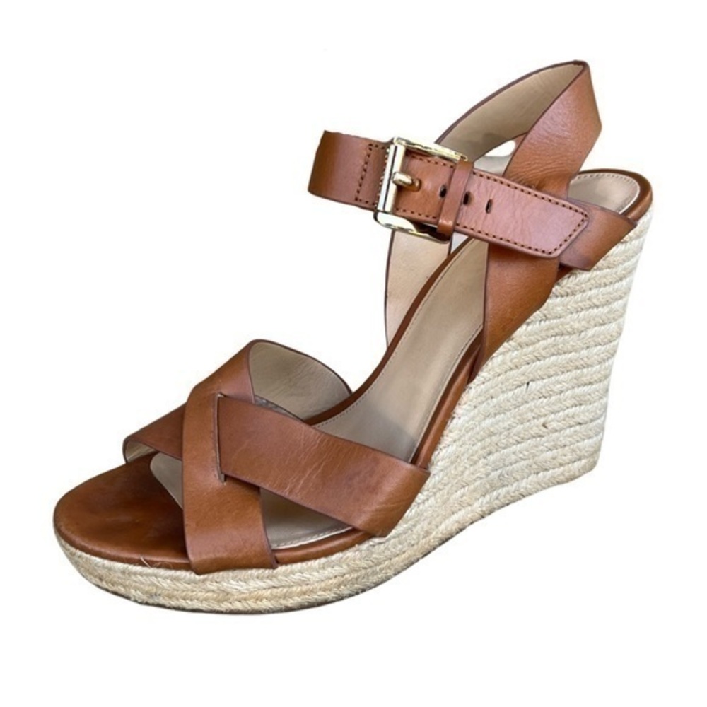 MICHAEL Michael Kors Women’s Brown Leather Open Toe Espadrille Wedge Heels